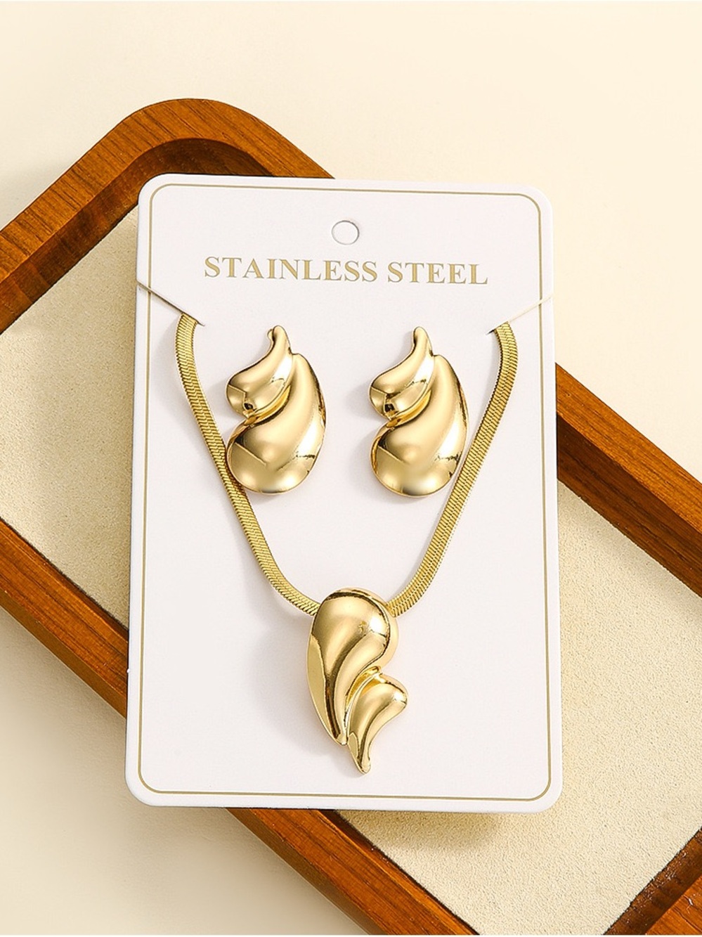Gold Stainless Steel Abstract Leaf Necklace & Earring Set